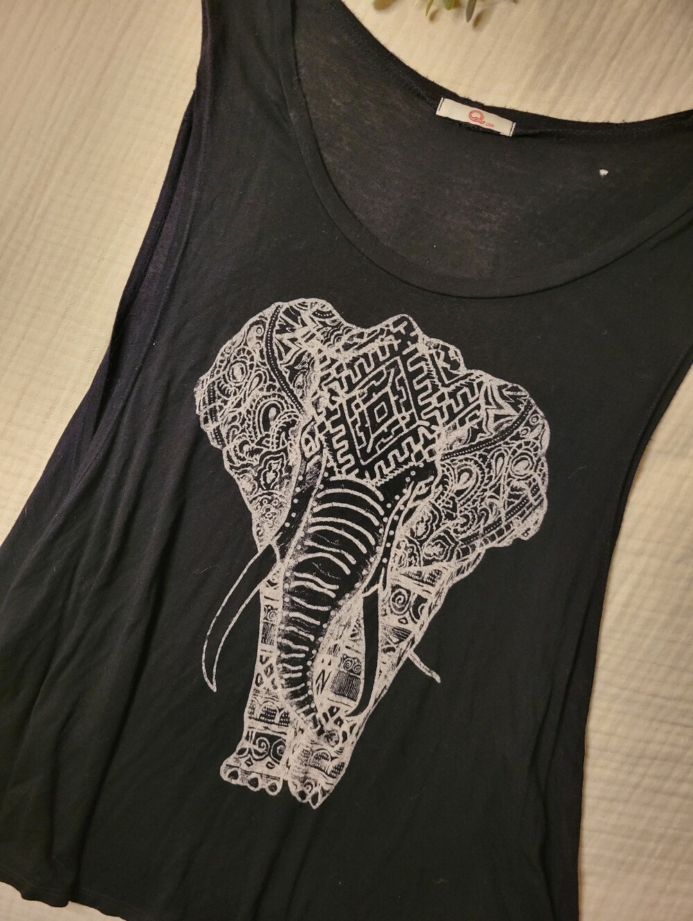Black Tank Top with White Ornate Elephant Print